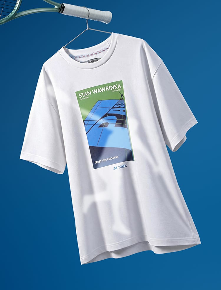 Stan Wawrinka commemorative tee hanging from a racquet