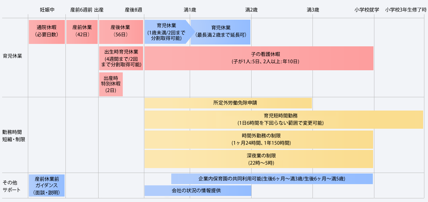 休暇・休業について、妊娠中は通院休暇(必要日数)、産前6週間前は産前休暇(42日)、出産から産後8週まで産後休暇(56日)、産後8週後から満1歳までは育児休暇(1歳未満)、満1歳からは育児休業(最長満2歳まで延長可)。産後8週後から小学校就学までの間は別途、子の看護休暇(子が1人:年5日、2人以上:年10日)を取得できる。勤務時間短縮・制限について、産後8週後から小学校就学までの間、所定外労働免除申請・育児短時間勤務(1日6時間を下回らない範囲で変更可能)・時間外勤務の制限(1ヶ月24時間、1年150時間)・深夜業の制限(22時から5時)が可能。その他サポートについて、妊娠中は産前前ガイダンス(面談・説明)を受けることができ、産後8週後から満2歳までの間、会社の状況の情報提供を受けられるほか、生後6ヶ月以降は企業内保育園の共同利用が可能(生後6ヶ月から満3歳/生後6ヶ月から満5歳)となる。